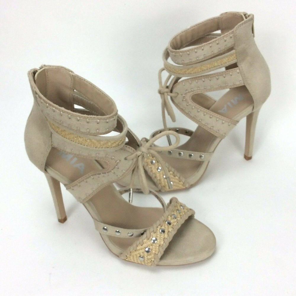 Mia Dress Sandals Suede Raffia Studded Stiletto